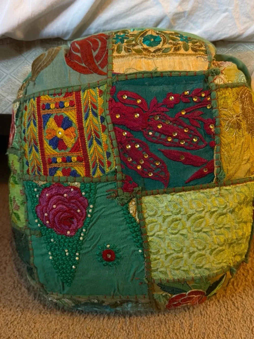Hand-Embroidered Patchwork Boho Pouf - Green Multicolor